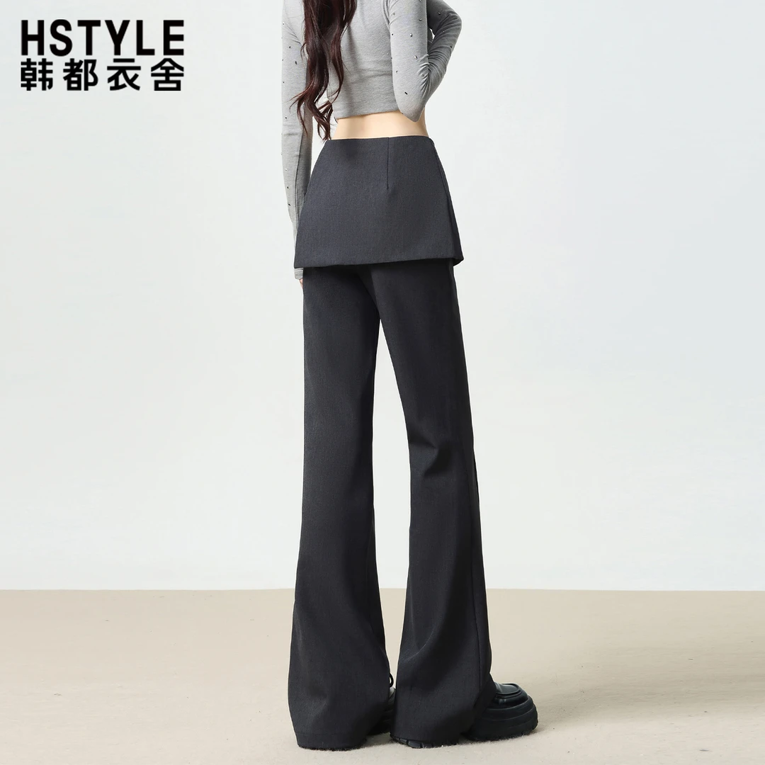 韩都衣舍黑色假两件休闲微喇裤女秋季新款小众百搭拖地微喇叭裤子