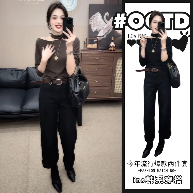 欧美纯欲显气质两件套女2025秋冬辣妹修身显瘦露肩上衣高腰休闲裤