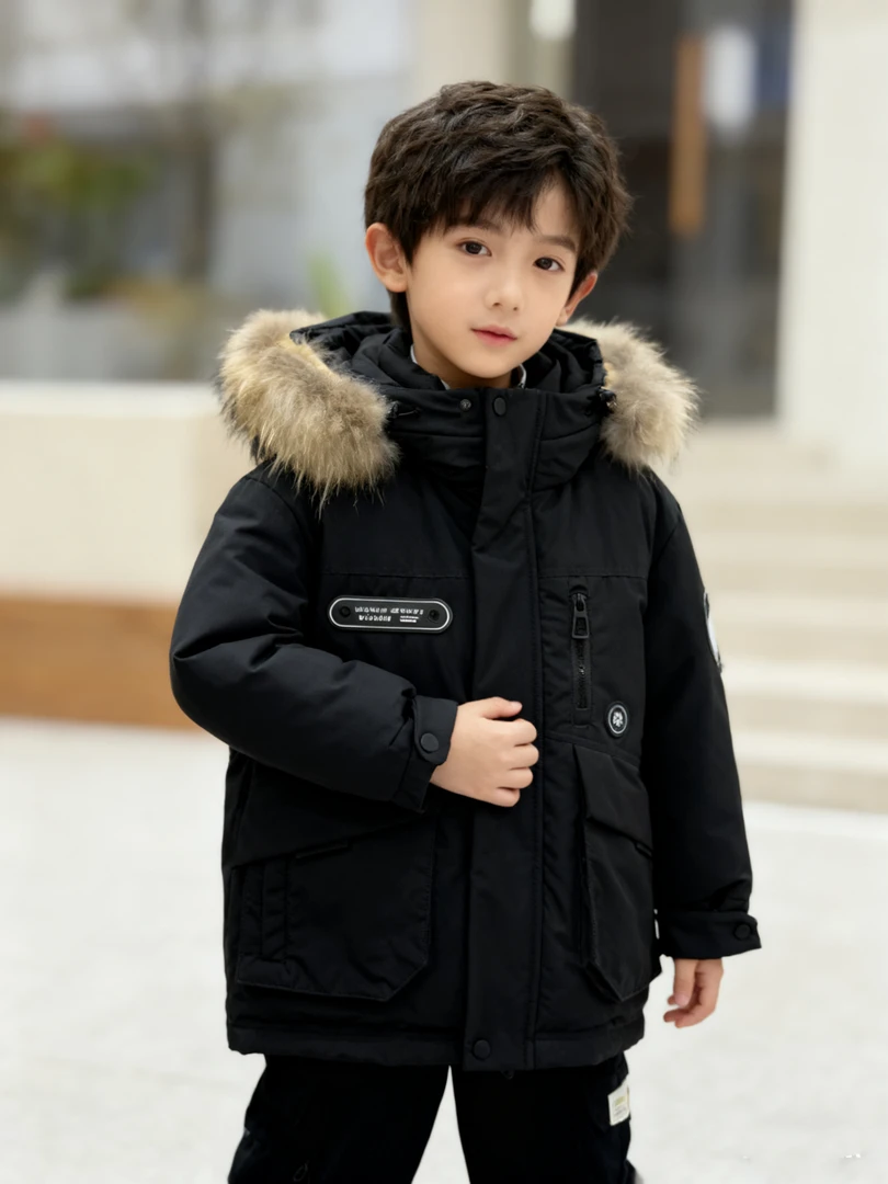 儿童羽绒服男童中长款2025新款中大童韩版洋气真毛加厚外套