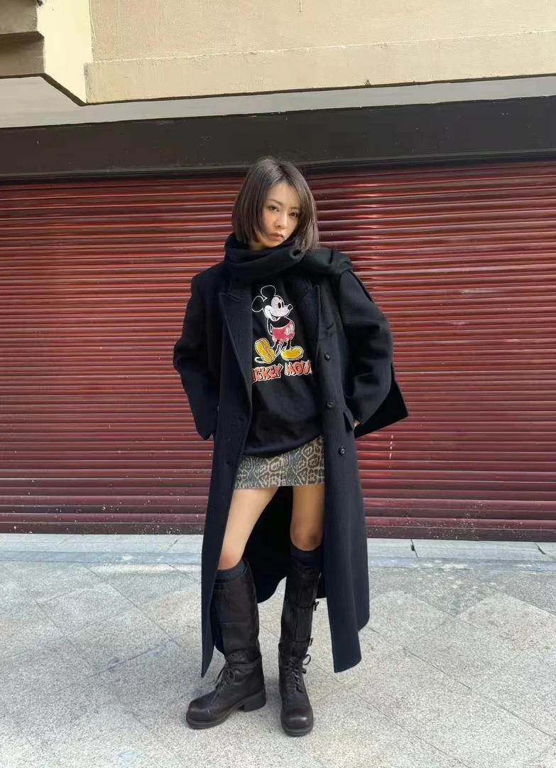 【经典再造】秋冬黑色双排扣毛呢大衣女赫本风高级感长款双面呢外套