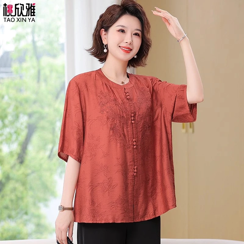 夏装新款短袖高档上衣套装夏季宽松大码妈妈50-60岁小衫t恤
