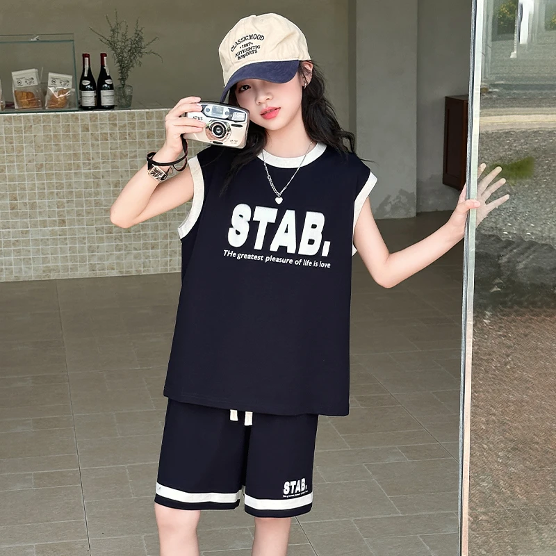 女童夏季无袖背心套装2025新款儿童洋气韩版宽松休闲两件套中大童