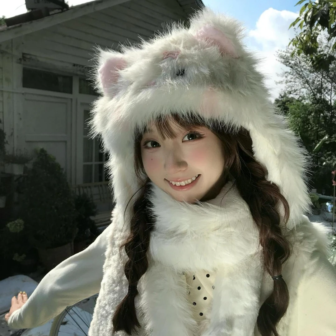冬季可爱毛绒护耳帽发夹猫咪甜美卡通加绒加厚帽子围巾一体两件套