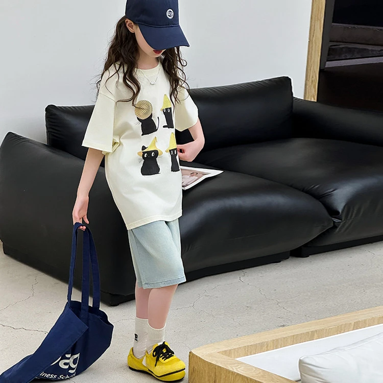 【丫丫童品】2025夏季新款女童女大童4只猫咪印花套装休闲百搭K737