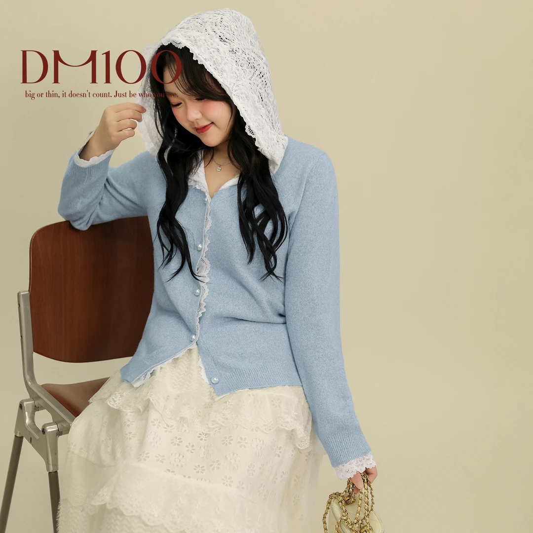 大码百分百春季甜美珍珠扣蕾丝连帽针织衫L22830