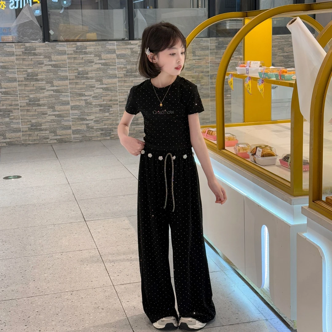 女童韩版时尚修身烫钻上衣垂感直筒阔腿裤两件套2025年夏季新款潮