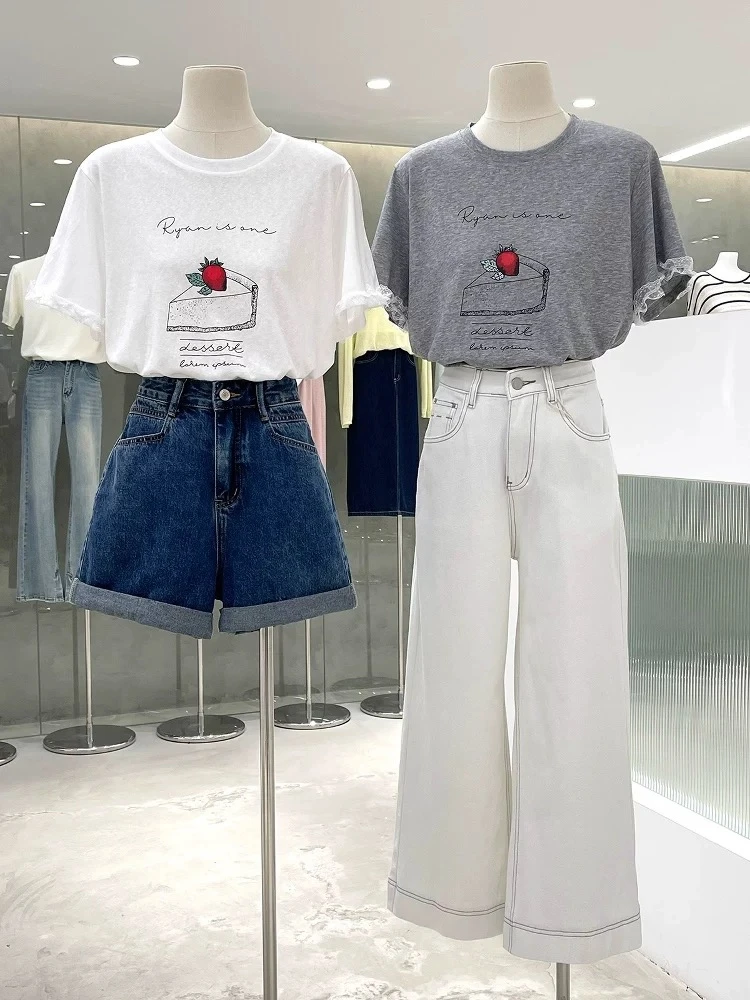 大然子短袖常规袖潮流套头圆领蕾丝时尚减龄打底衫显瘦