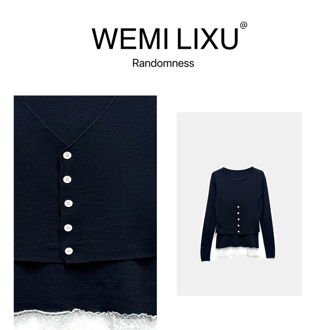 WEMI LIXU“破晓时分“春夏蕾丝拼接款假两件毛针织衫修身显瘦9058