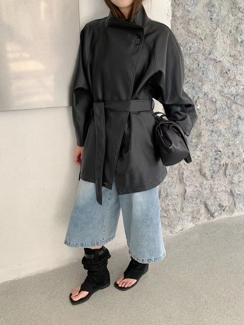 黑色高级感皮衣外套中长款系带收腰显瘦风衣女25年春款