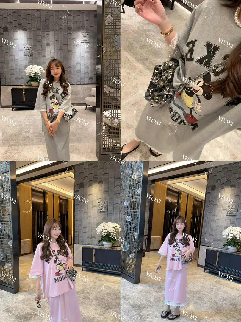 【YFONI】米奇休闲蕾丝套装