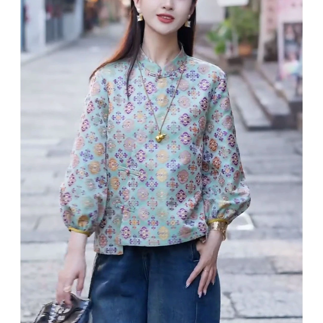 早新款2025宽松圆领套头印花复古上衣国风新中式显瘦遮肉打底衫女