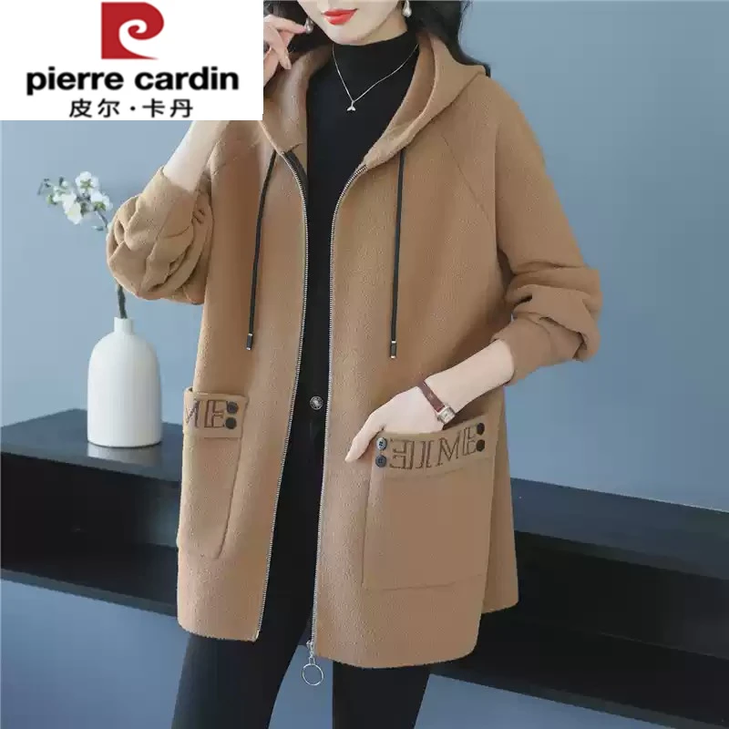 皮尔卡丹中老年妈妈装大码春秋洋气休闲外套连帽开衫 女装中长