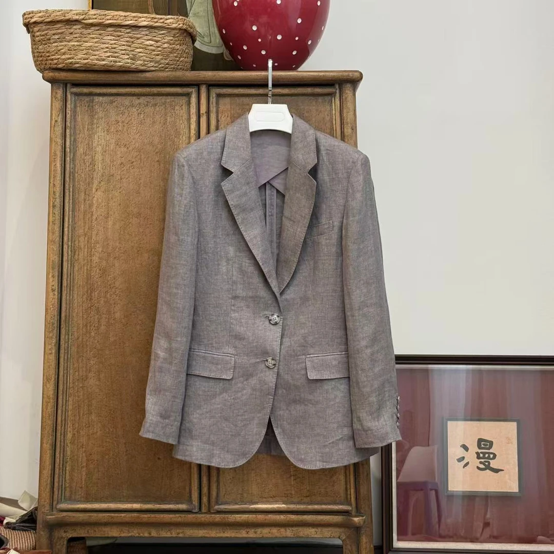 MYL 2025春季新品软亚麻西装翻驳领长袖单排扣休闲灰咖色西装外套