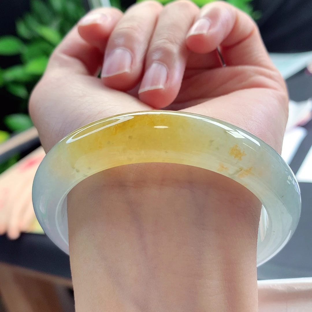 未镶嵌手镯翡翠56-57圈口冰透一抹黄千金难买特色镯16号