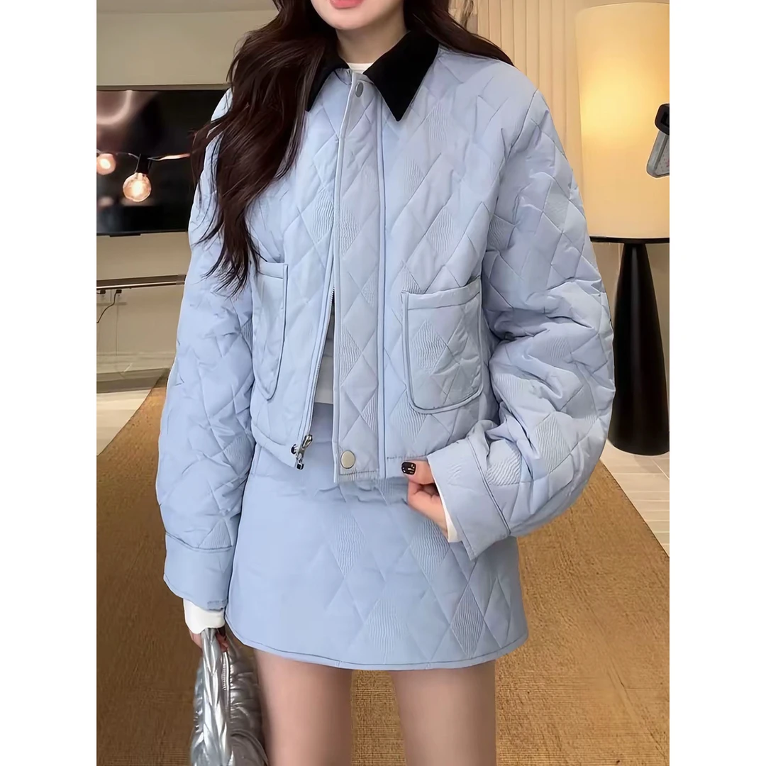 秋冬气质菱格棉翻领外套+修身百搭半裙套装棉服加绒加厚A1601