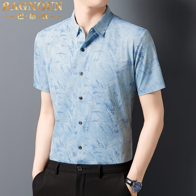 巴格奴短袖衬衫男士夏季新款时尚舒适百搭桑蚕丝冰丝薄款高端衬衣