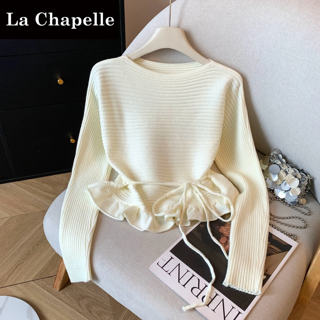 拉夏贝尔法式荷叶边甜美针织衫女装早春洋气打底小衫收腰显瘦上衣