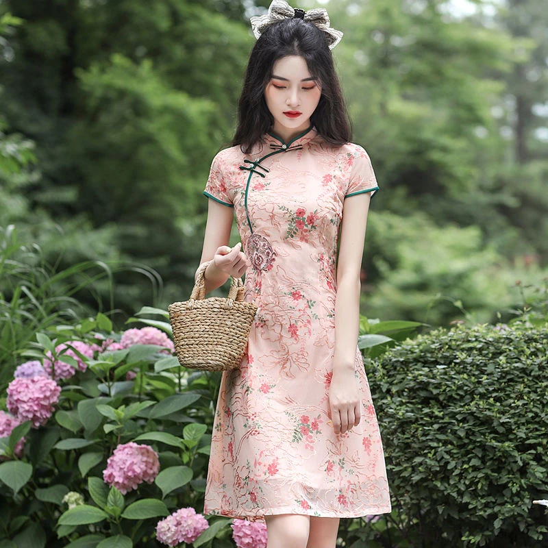 改良旗袍连衣裙小个子2025夏季新款网纱绣花版显瘦中国风年轻款