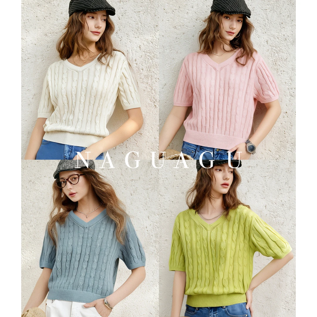 【佛罗里达绞花衫】7.6支和纸纱 V领短袖针织衫夏季凉爽女士上衣