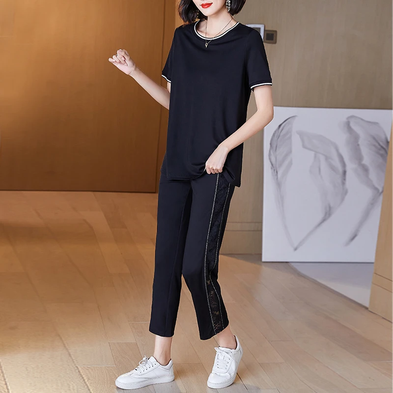 5218高档大码女装休闲套装夏季薄款圆领短袖运动装七分裤两件套