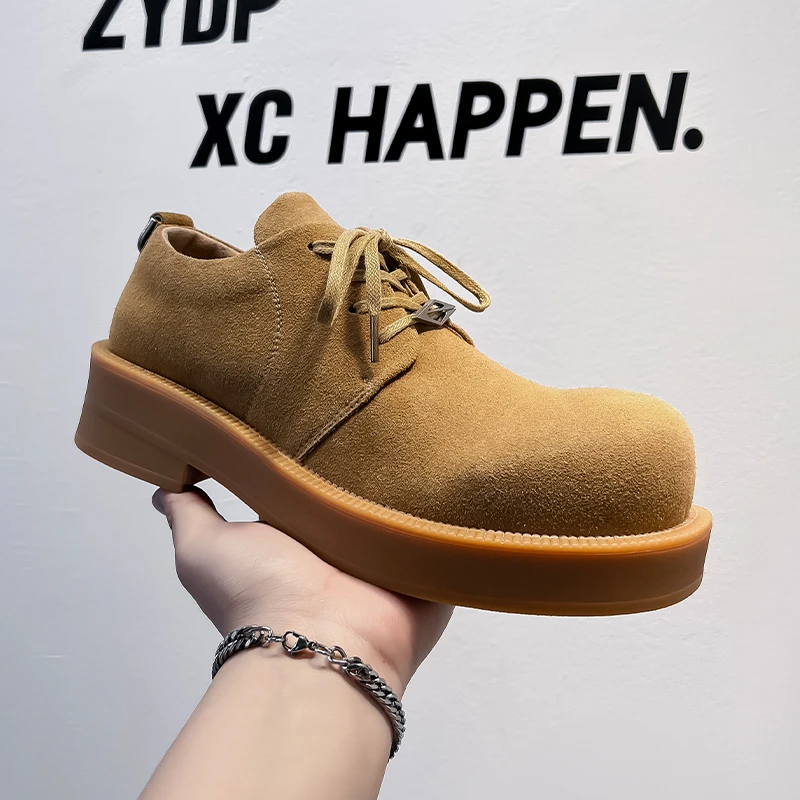 夏季大头翻毛皮鞋男款增高英伦通勤低帮大黄靴cleanfit厚底德比鞋