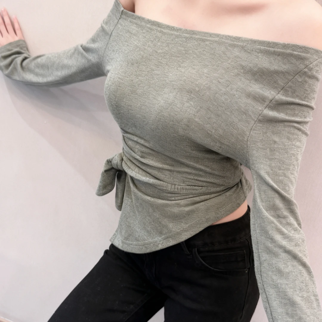 《嬌了Nn》不规则灰色系带收腰设计感显瘦百搭斜肩长袖T恤上衣