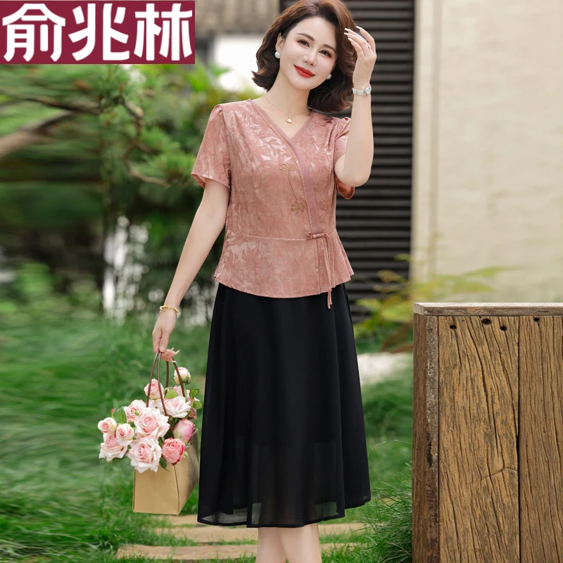 俞兆林新中式国风妈妈夏装短袖连衣裙洋气中老年女装遮肚显瘦假两