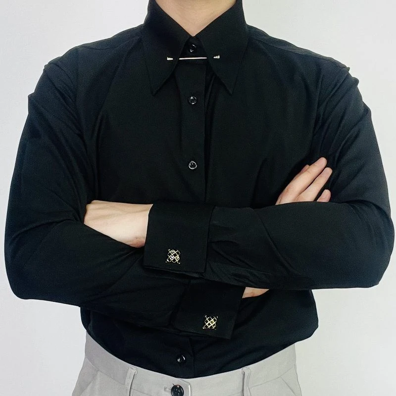 帝国领长袖衬衫男士商务修身抗皱竹纤维抗菌法式袖扣黑色针孔领