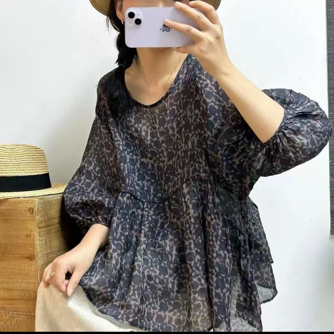 100%苎麻印花衬衫灯笼袖气质高腰娃娃衫薄款套头上衣AYM 2462