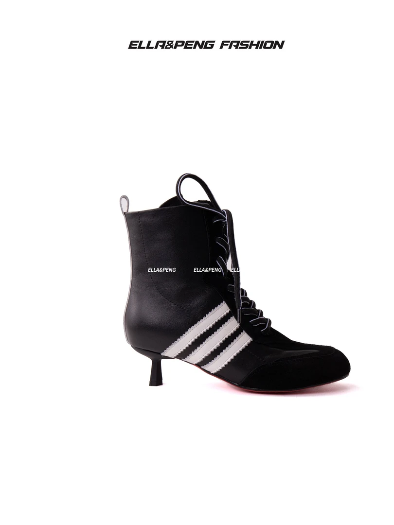 ELLA意大利头层小牛皮女鞋秋冬新款圆头小猫跟运动混搭时髦细跟靴