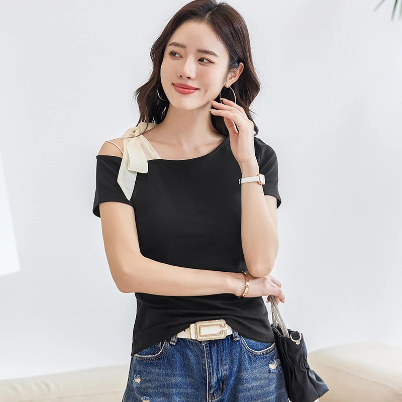 一字领露肩款小性感短袖韩版修身显瘦遮肚女装T恤衫棉质上衣
