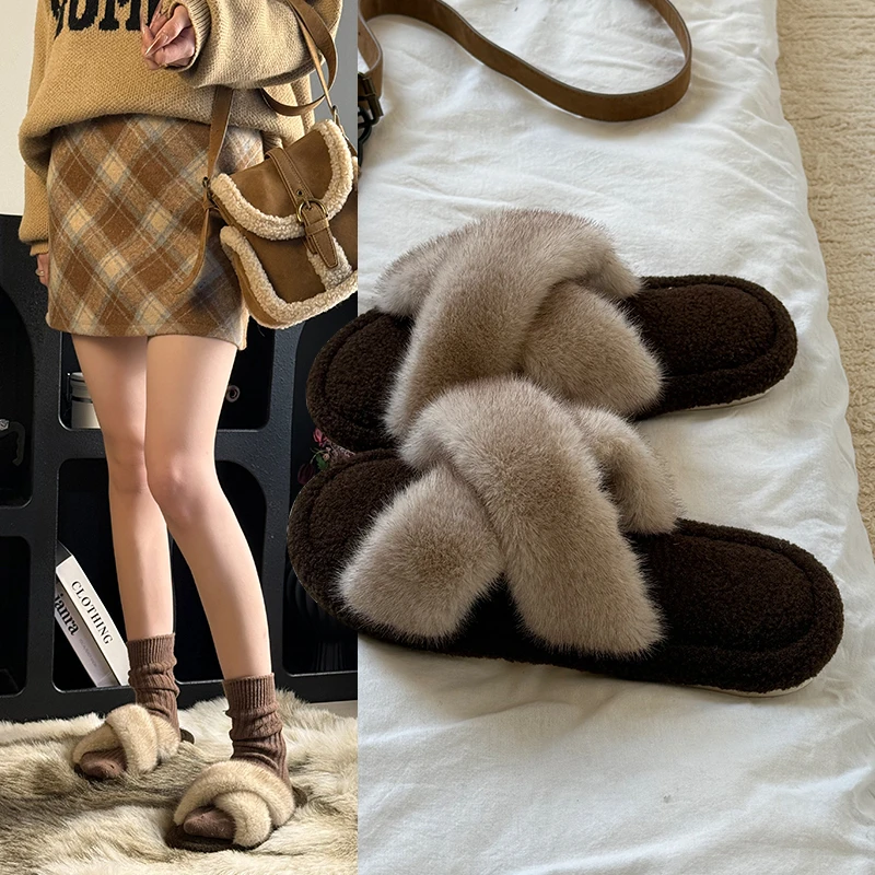 时尚简约交叉毛毛拖鞋女秋冬季新款露趾一字防滑百搭韩版毛绒拖鞋