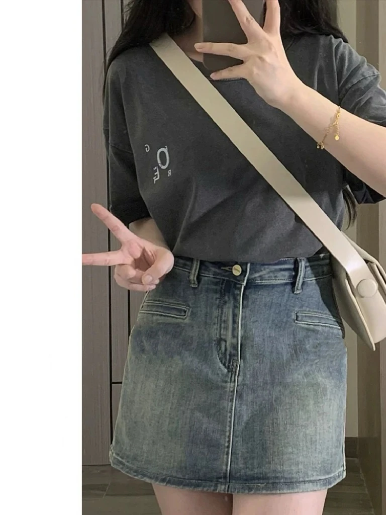 复古蓝牛仔短裙女夏季大码高腰显瘦胖mm梨形身材小个子a字半身裙