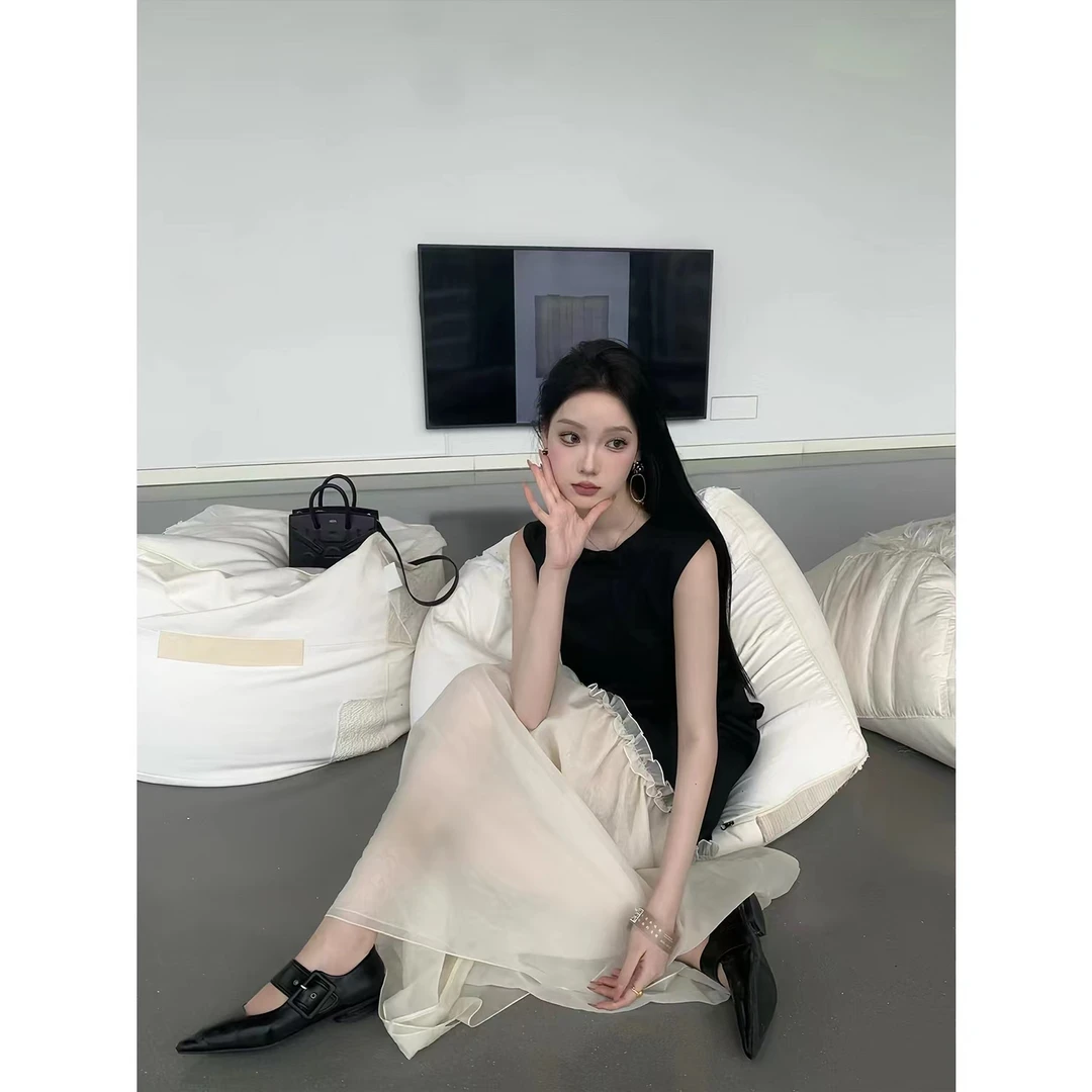 【巴黎画展】设计感辣妹气质前后两穿连衣裙女2025新款显瘦长裙子潮