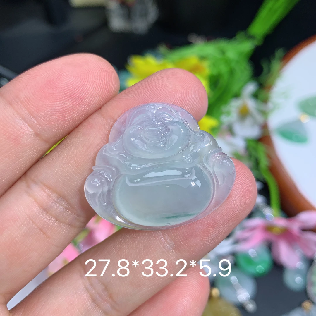 缅甸翡翠A货冰种飘花佛公刘吊坠种老水足气质百搭精雕精美百