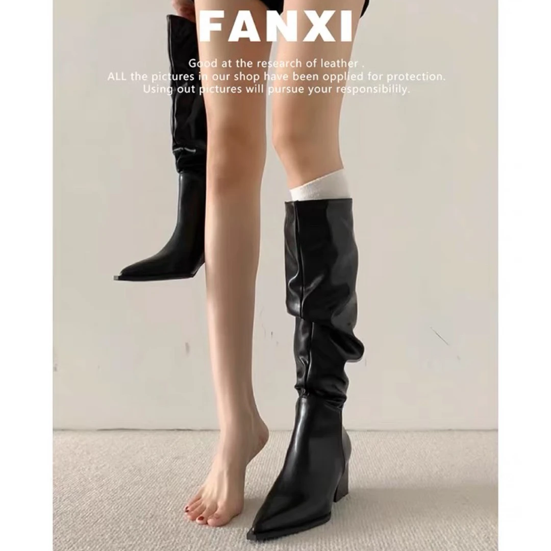 尖头长靴女秋冬季2025粗跟长筒靴法式不过膝高跟靴子大筒围堆堆靴