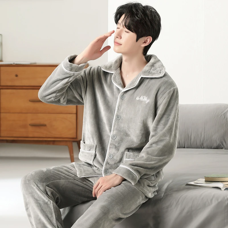升级加厚云朵绒男士睡衣秋冬季珊瑚绒套装加厚加绒法兰绒家居服