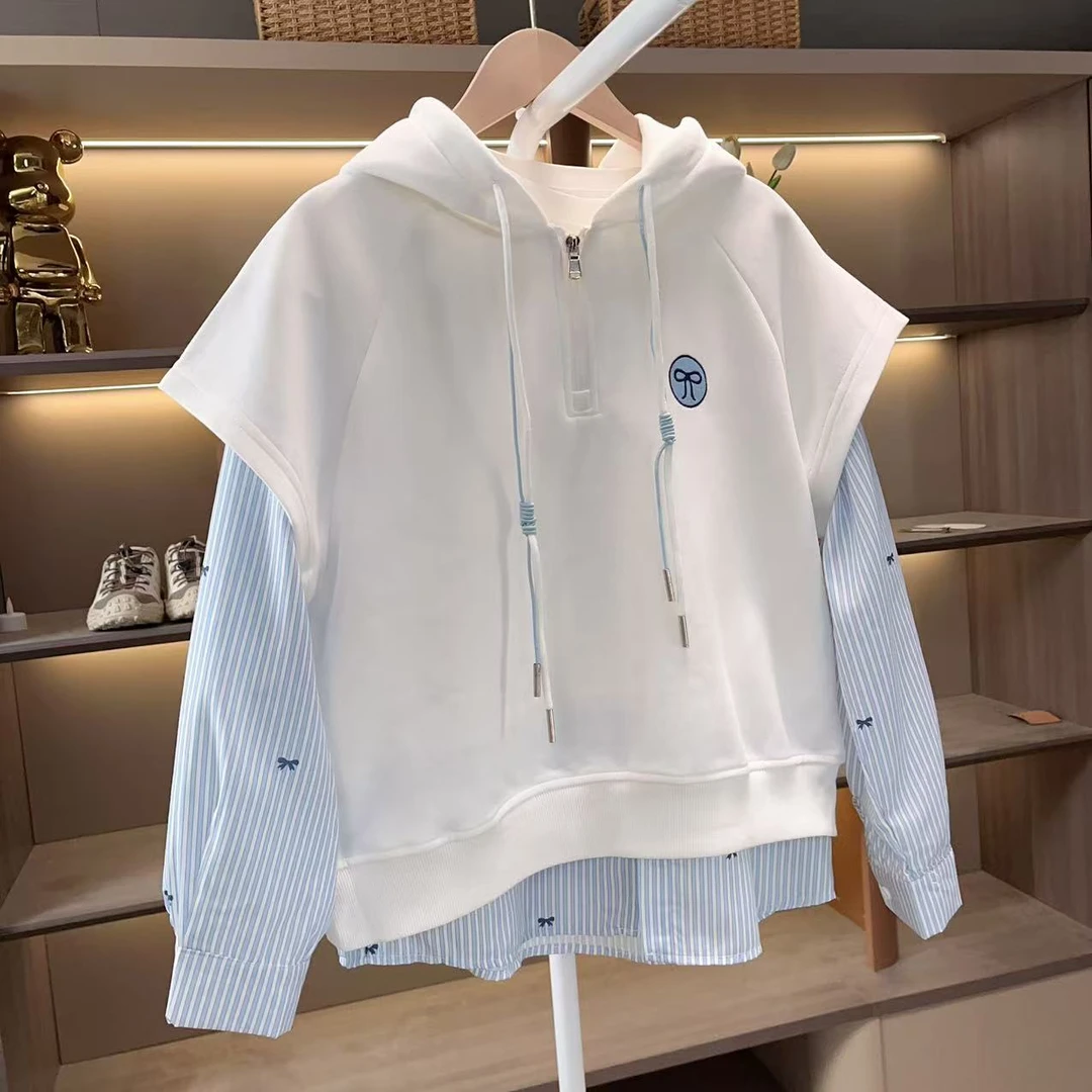 现货2025假两件女童秋新款甜美娃娃领韩版中大儿童卫衣秋季卫衣