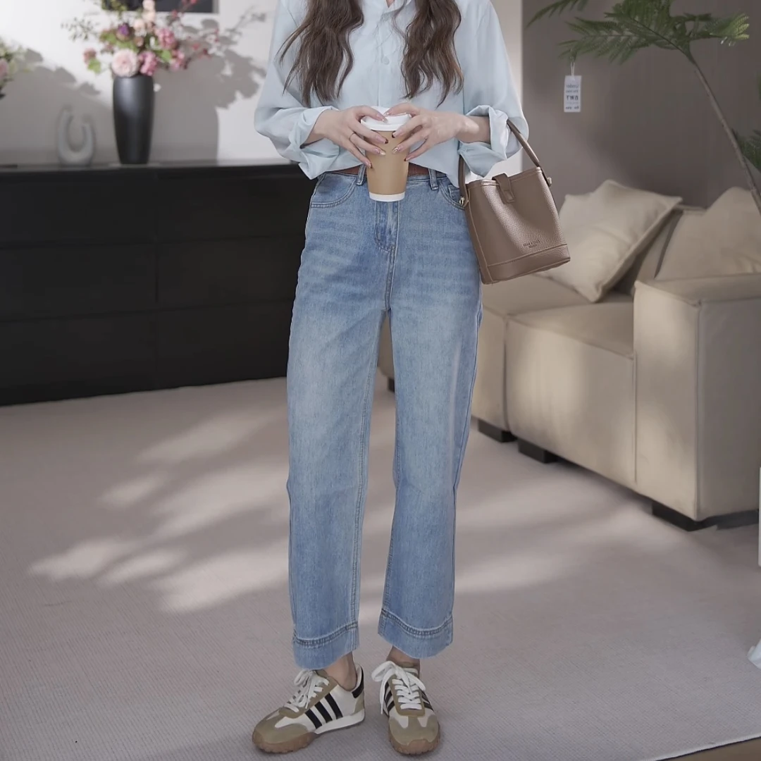 【现货】春季新款显瘦高腰休闲百搭复古直筒牛仔裤-9500