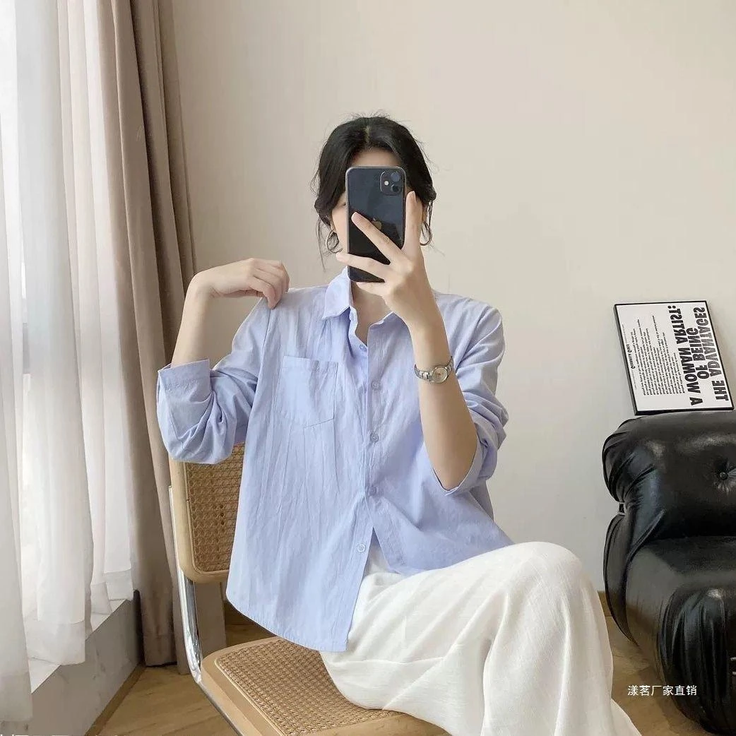 小个子慵懒风休闲显瘦防晒蓝色设计感小众衬衣衬衫