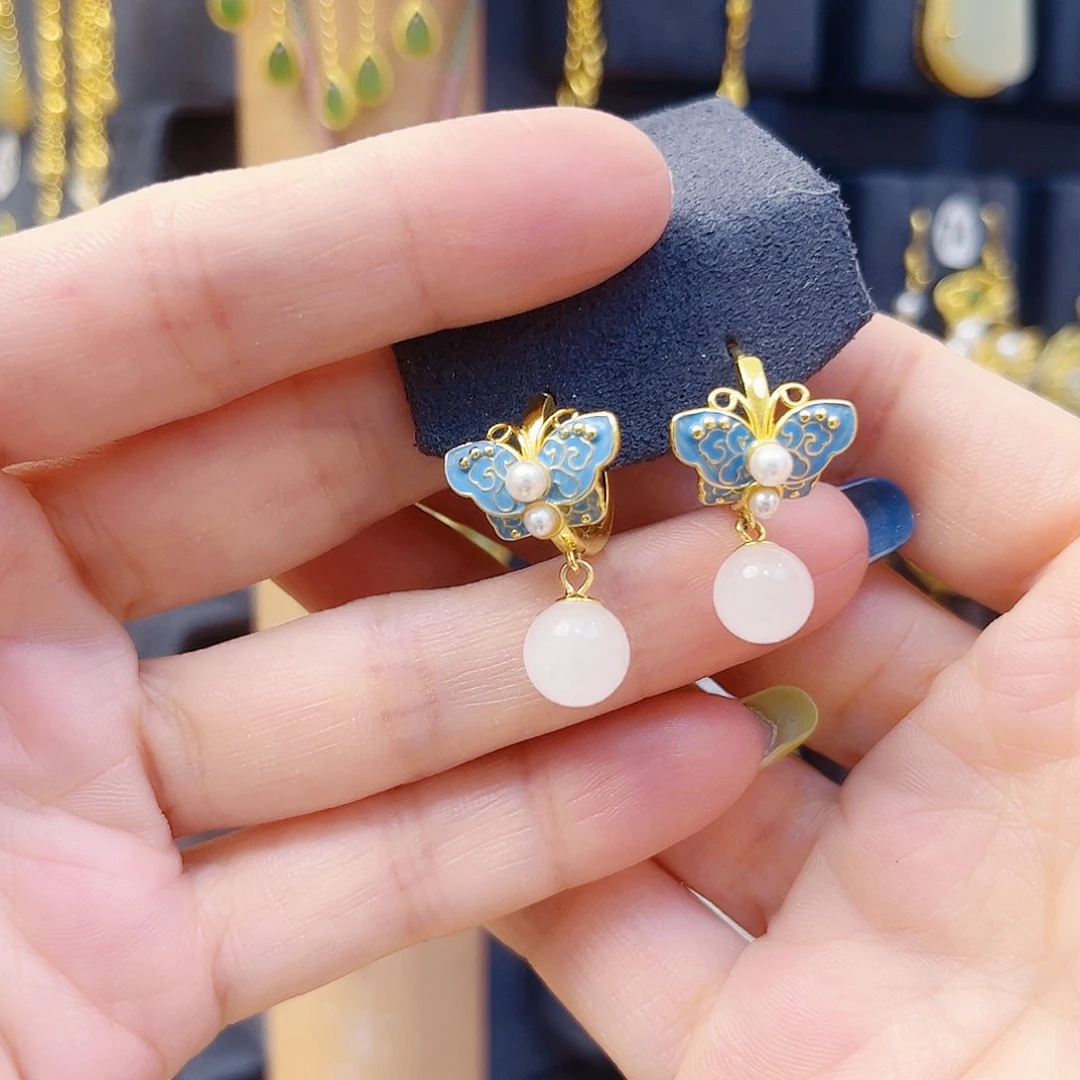 和田玉银S925镀金镶嵌耳饰