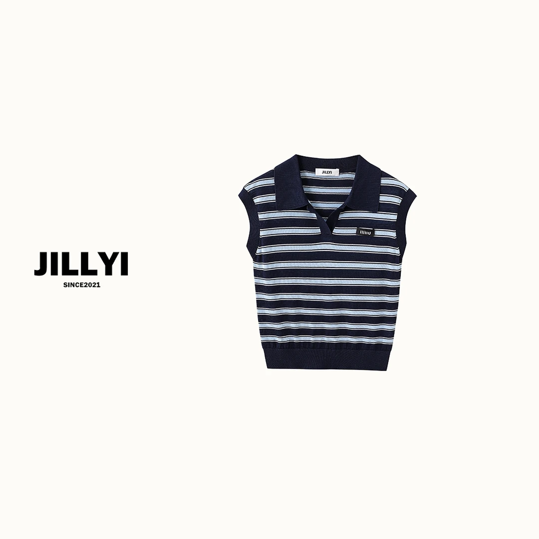 JILLYI南山店【普鲁士蓝】浅蓝条纹半开领无袖海军风时尚针织马甲