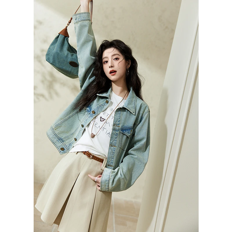 谜秀新品复古牛仔外套女宽松水洗做旧通勤小众设计感外穿薄款春秋