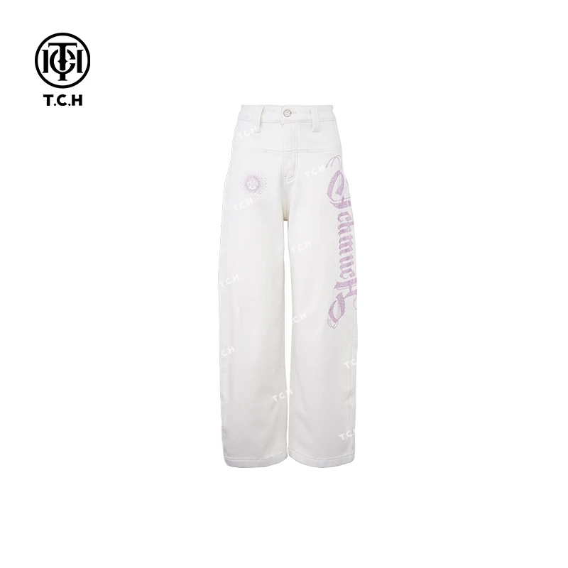 TCH-粉色logo烫钻纯色阔腿牛仔裤T72C20E5122洋气