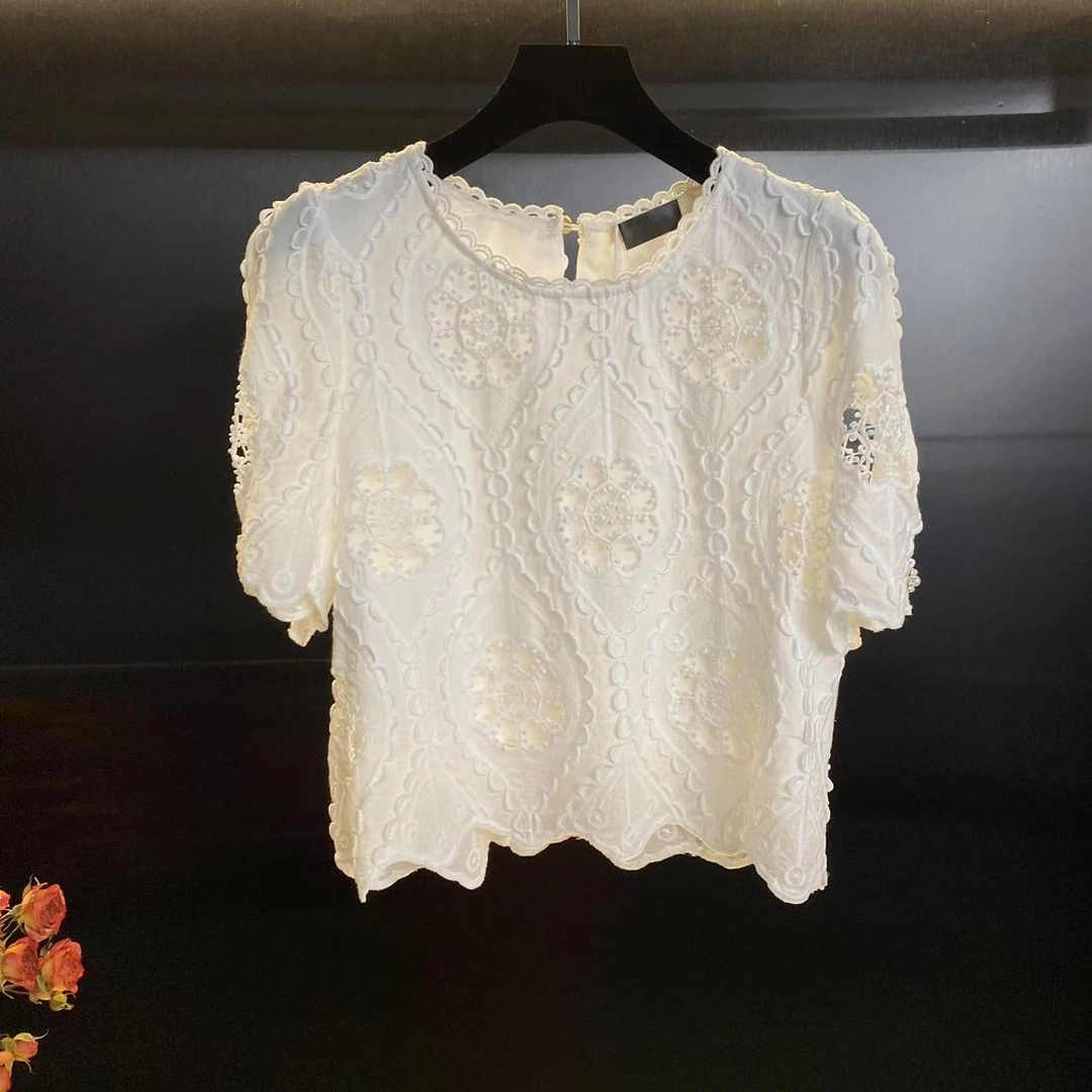 [南法白昼]25款镂空泡泡袖短袖气质休闲时尚显瘦圆领白色百搭夏季