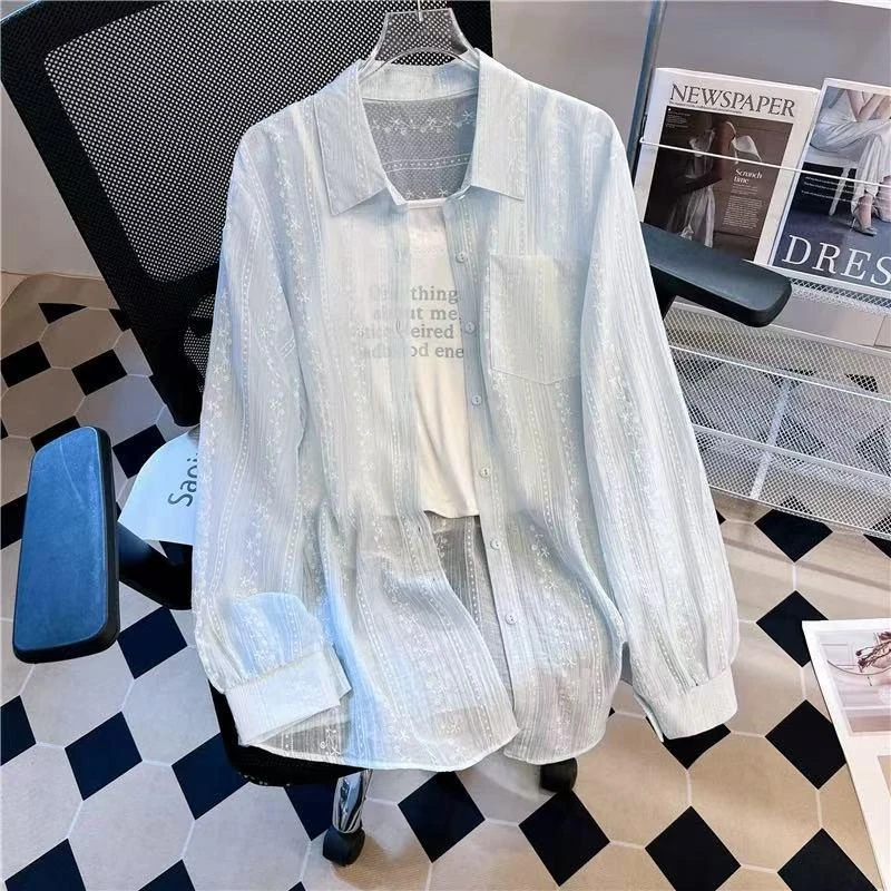 现货防晒上衣宽松长袖韩版拼接夏季薄款刺绣衬衫蕾丝钩花