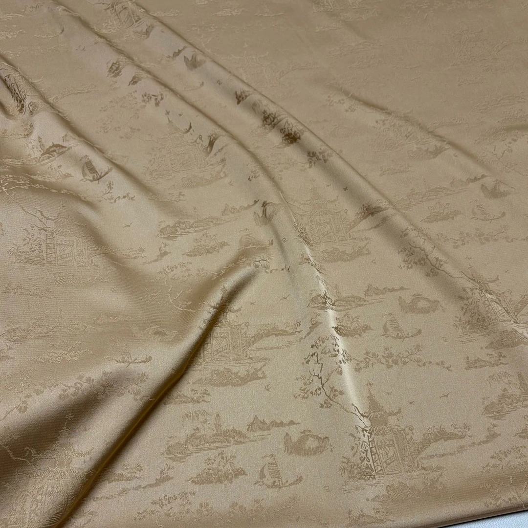 香槟金亭台楼阁重缎国风新中式布料