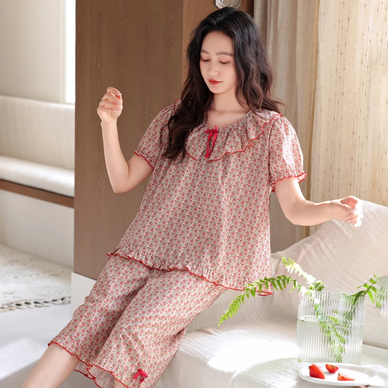 芬腾可安夏季睡衣女纯棉短袖新款七分裤夏天薄款全棉家居服套装