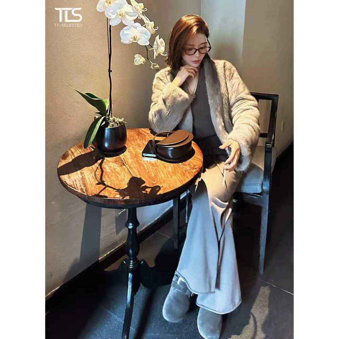 TT【软宝石】芬兰进口稀有银蓝天鹅绒水貂皮毛一体桑蚕丝外套PC5012