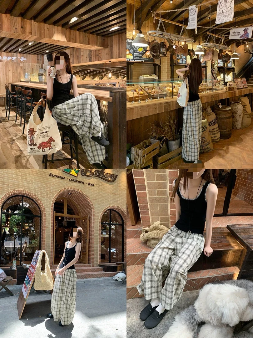 2025韩系复古格纹设计感灯笼休闲裤宽松轮廓显瘦松垮慵懒阔腿长裤